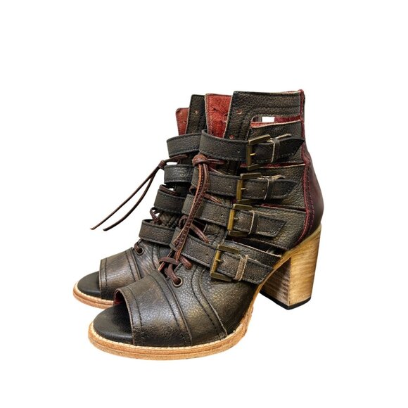 Free Bird By Steven Leather Heeled Open-Toe Sandals With Buckles Black & Burgund - Picture 1 of 9